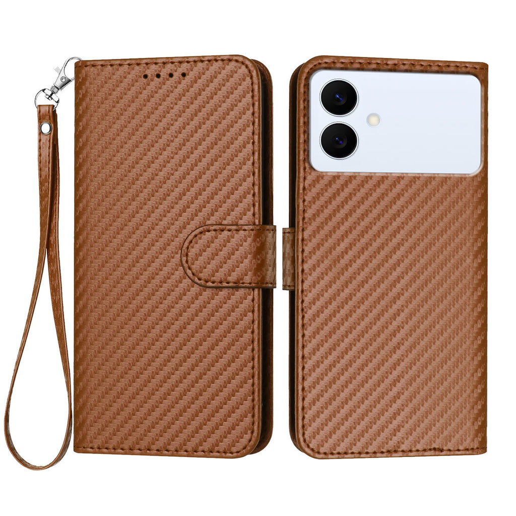 Funda tipo cartera para Samsung Galaxy S26 Edge con correa, textura de fibra de carbono y cubierta de cuero.