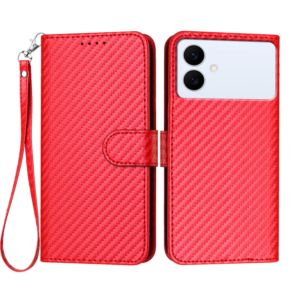 For Samsung Galaxy S26 Edge Wallet Case with Strap Carbon Fiber Texture Leather Mobile Cover