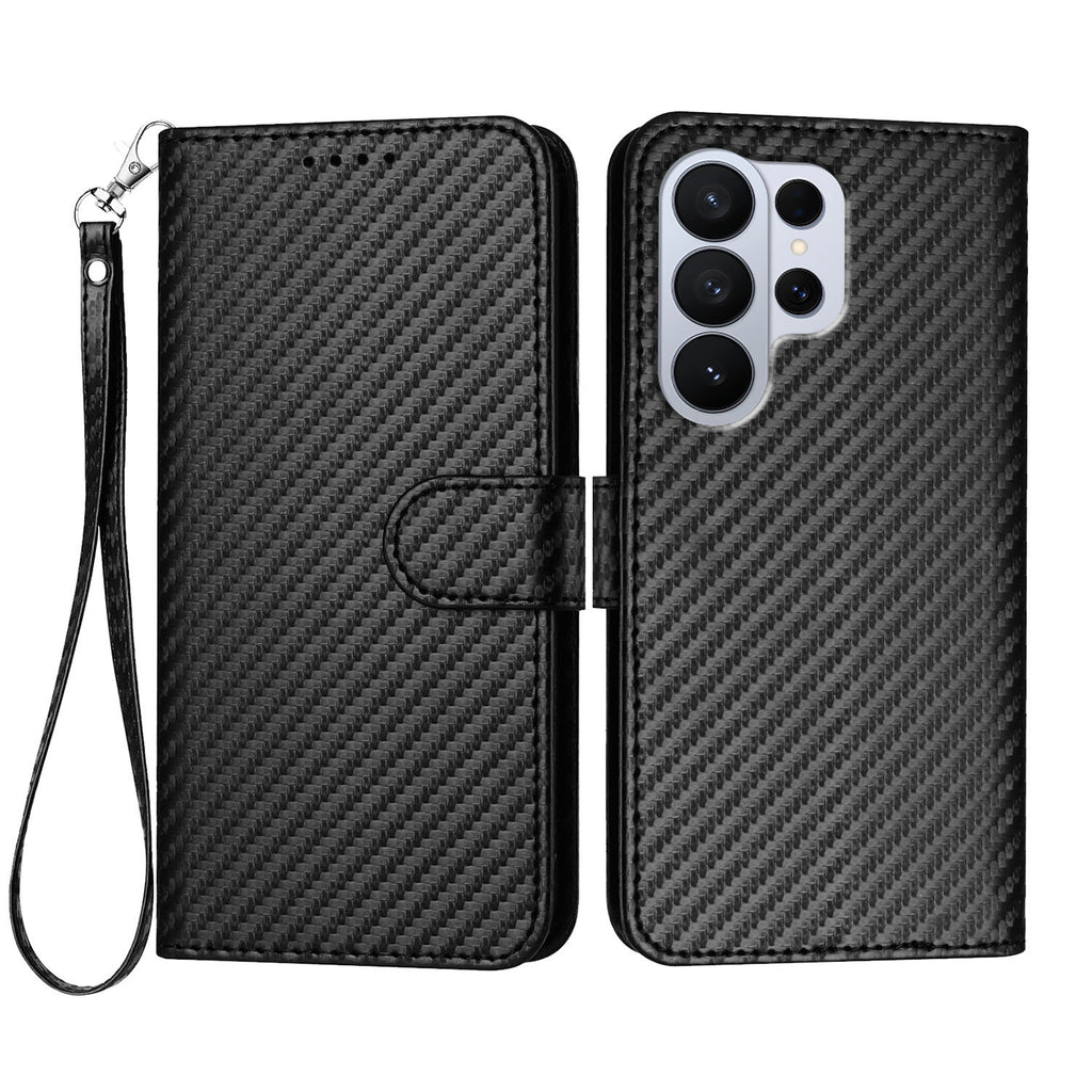 For Samsung Galaxy S26 Ultra Wallet Case with Strap Carbon Fiber Texture Leather Mobile Cover