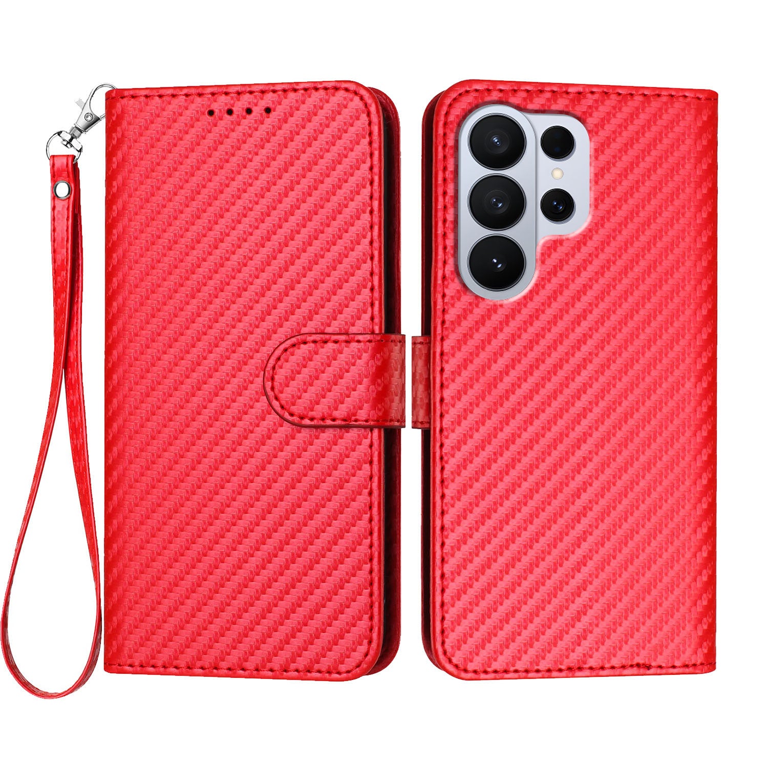 For Samsung Galaxy S26 Ultra Wallet Case with Strap Carbon Fiber Texture Leather Mobile Cover