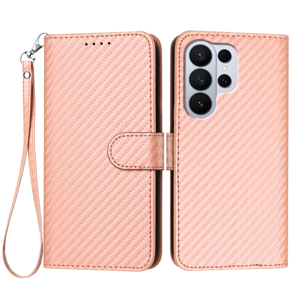 For Samsung Galaxy S26 Ultra Wallet Case with Strap Carbon Fiber Texture Leather Mobile Cover