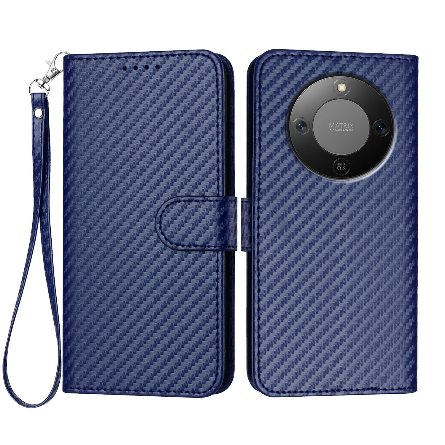 Étui portefeuille en cuir texturé fibre de carbone avec dragonne pour Honor X9d 5G / Honor X70 5G