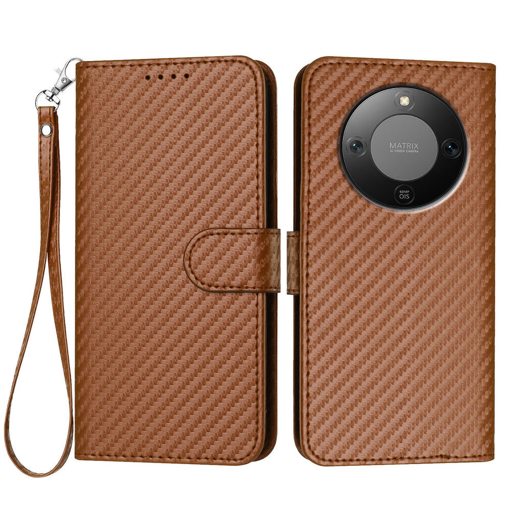 Étui portefeuille en cuir texturé fibre de carbone avec dragonne pour Honor X9d 5G / Honor X70 5G