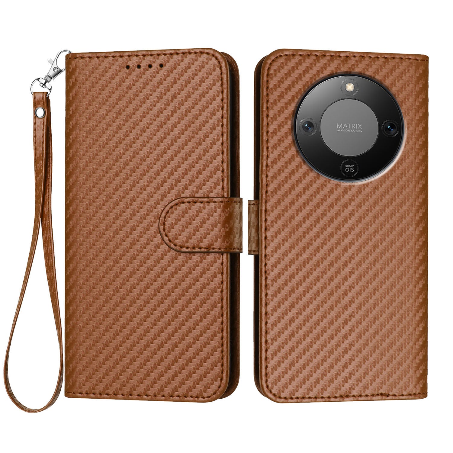 Étui portefeuille en cuir texturé fibre de carbone avec dragonne pour Honor X9d 5G / Honor X70 5G