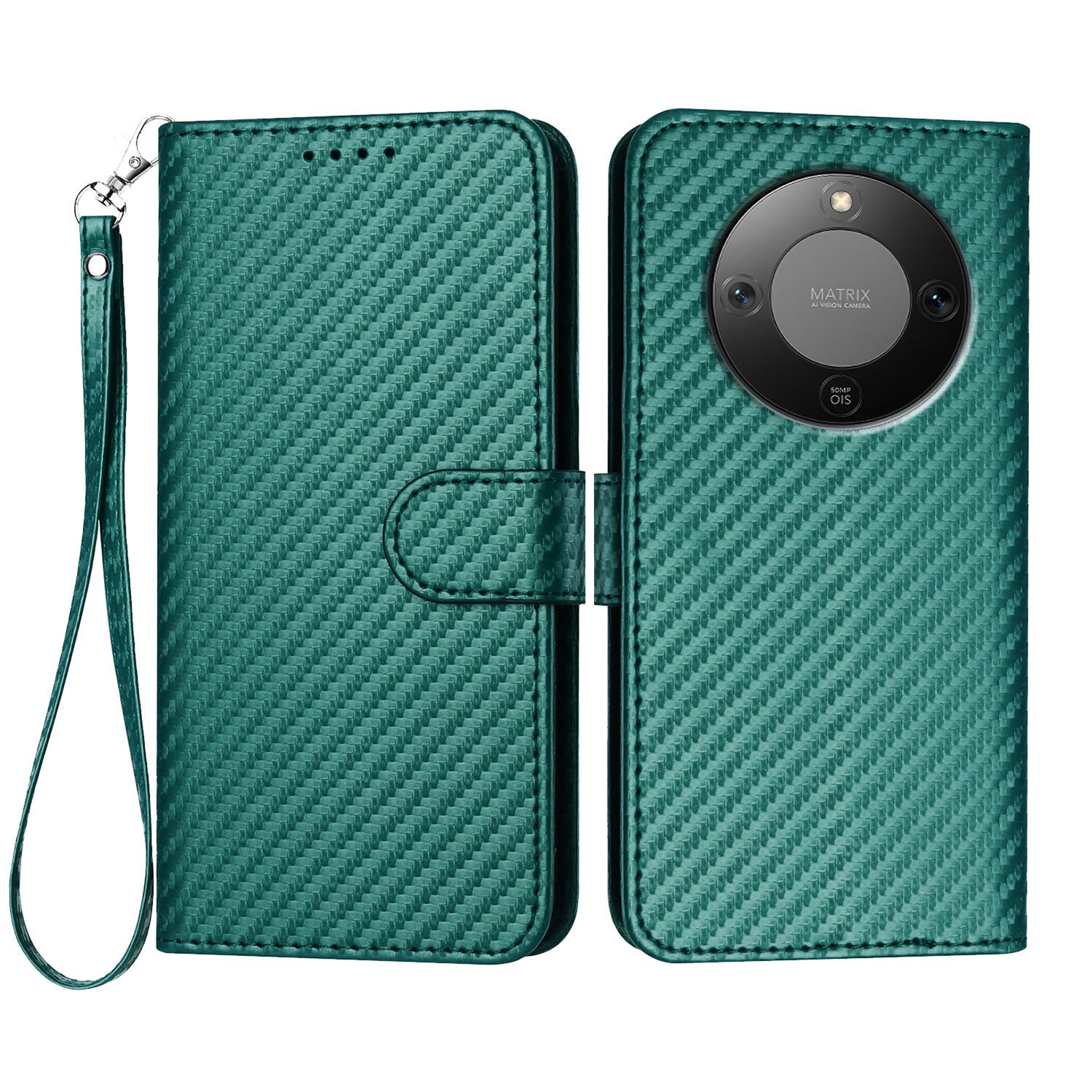 Étui portefeuille en cuir texturé fibre de carbone avec dragonne pour Honor X9d 5G / Honor X70 5G