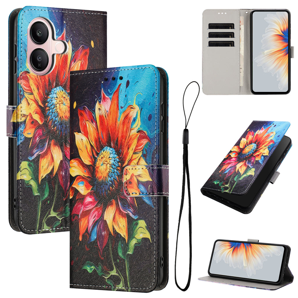For vivo V60 Lite 4G / vivo V60 Lite 5G Wallet Case Pattern Printing PU Leather Phone Cover with Lanyard