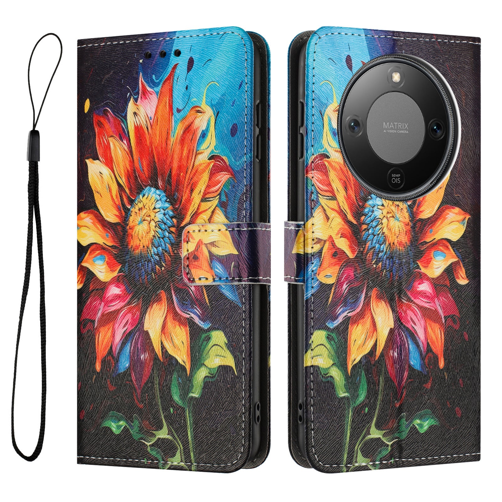 Étui portefeuille en cuir PU imprimé à motifs avec cordon pour Honor X9d 5G / Honor X70 5G