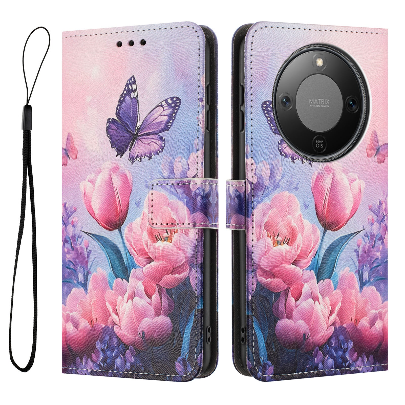 Étui portefeuille en cuir PU imprimé à motifs avec cordon pour Honor X9d 5G / Honor X70 5G