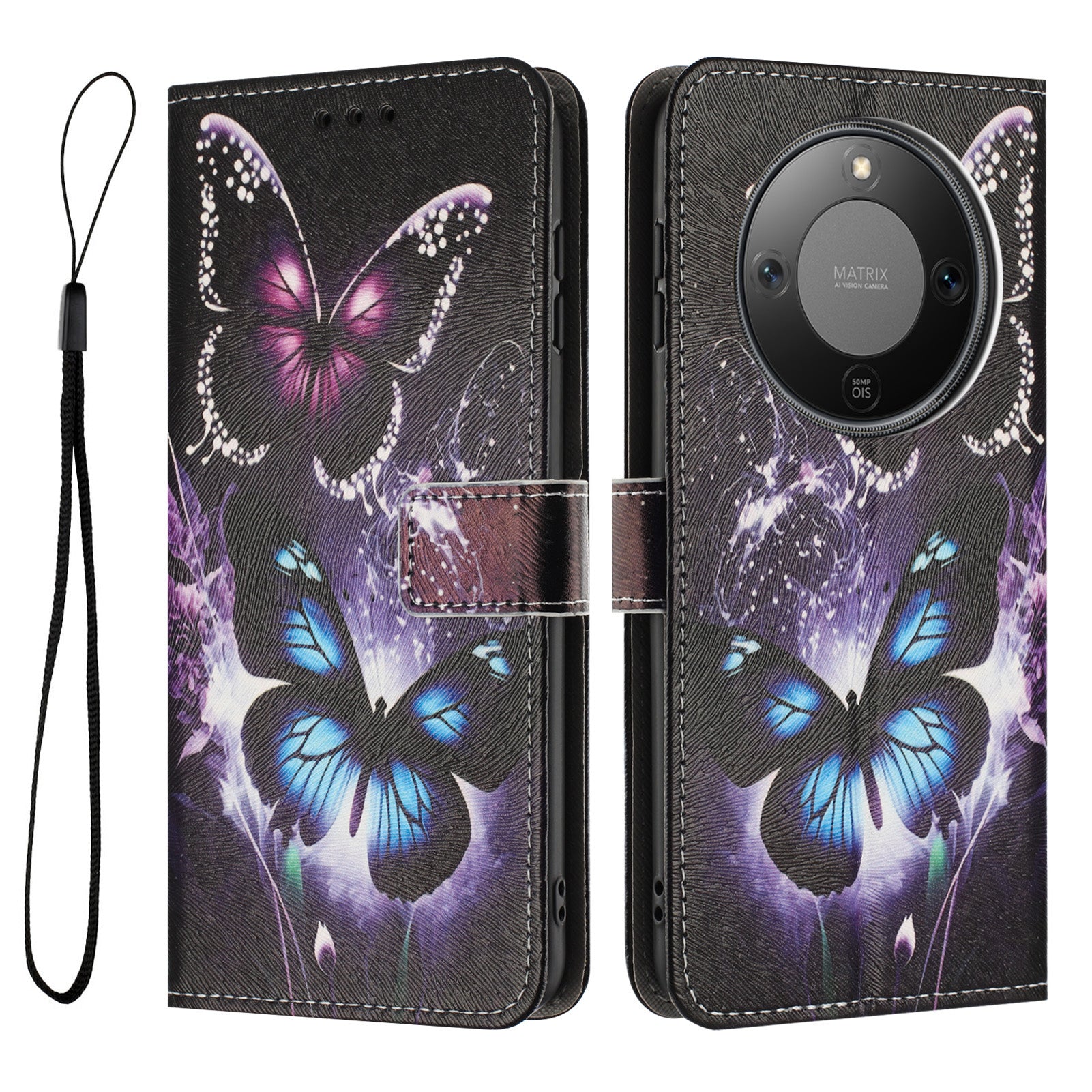 Étui portefeuille en cuir PU imprimé à motifs avec cordon pour Honor X9d 5G / Honor X70 5G