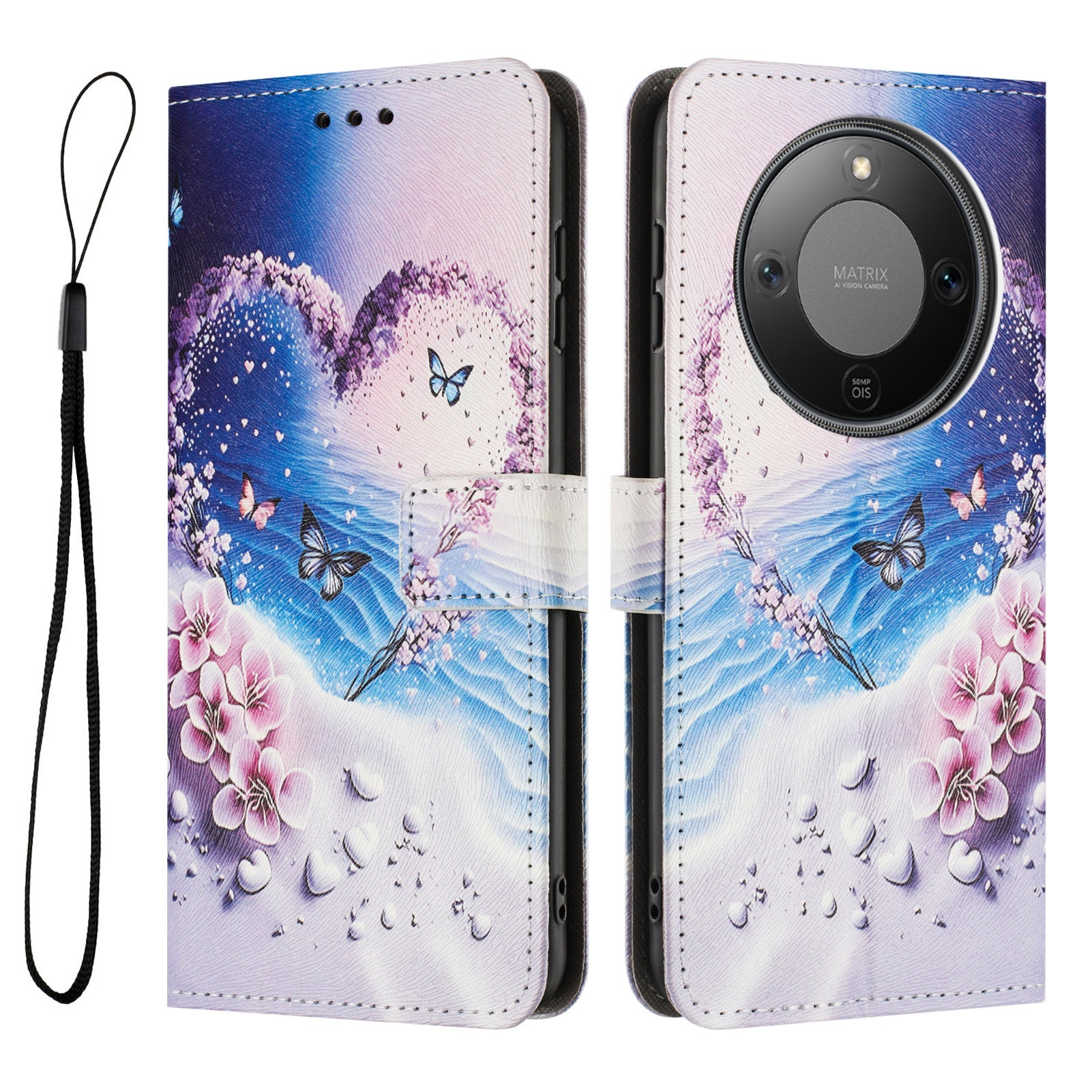 Étui portefeuille en cuir PU imprimé à motifs avec cordon pour Honor X9d 5G / Honor X70 5G