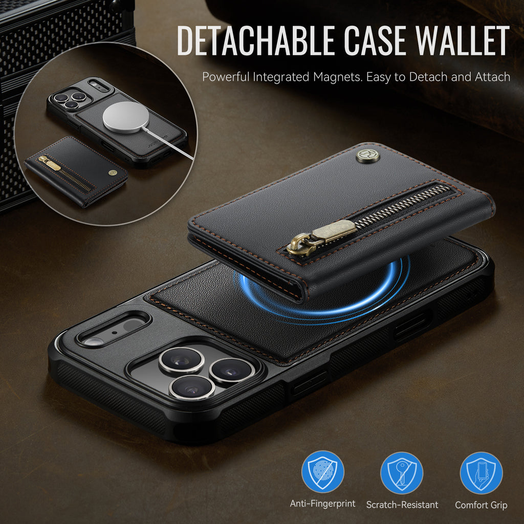 For iPhone 17 Pro Max Case JEEHOOD J12 Magnetic  Detachable Zipper Wallet Kickstand Leather Back Cover Compatible with MagSafe