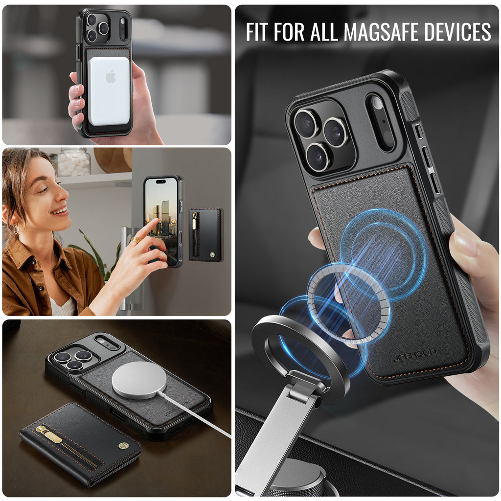 For iPhone 17 Pro Max Case JEEHOOD J12 Magnetic  Detachable Zipper Wallet Kickstand Leather Back Cover Compatible with MagSafe