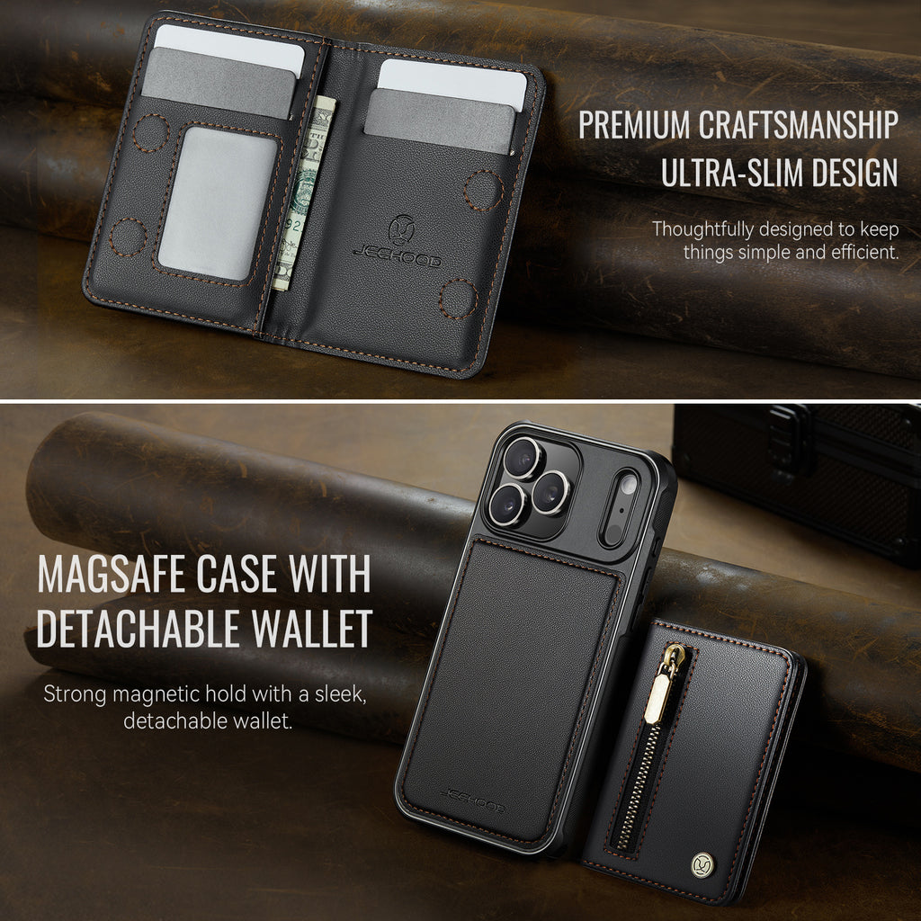 For iPhone 17 Pro Max Case JEEHOOD J12 Magnetic  Detachable Zipper Wallet Kickstand Leather Back Cover Compatible with MagSafe