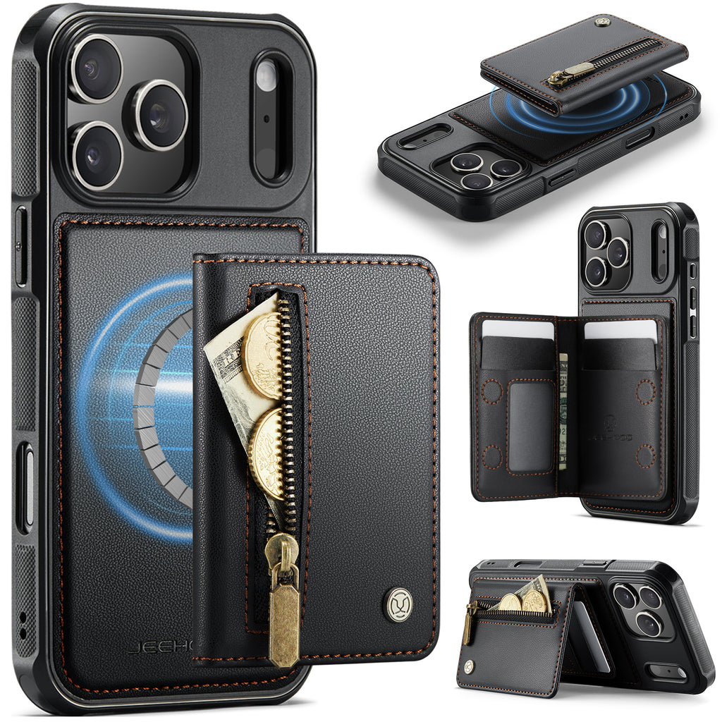 Étui JEEHOOD J12 pour iPhone 17 Pro, portefeuille magnétique détachable avec fermeture éclair et support intégré, dos en cuir compatible MagSafe