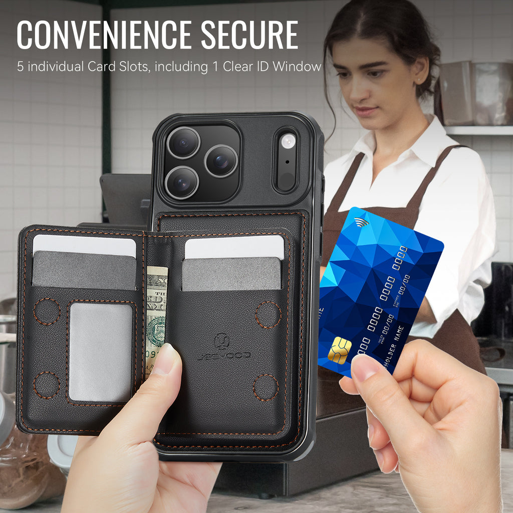 Étui JEEHOOD J12 pour iPhone 17 Pro, portefeuille magnétique détachable avec fermeture éclair et support intégré, dos en cuir compatible MagSafe