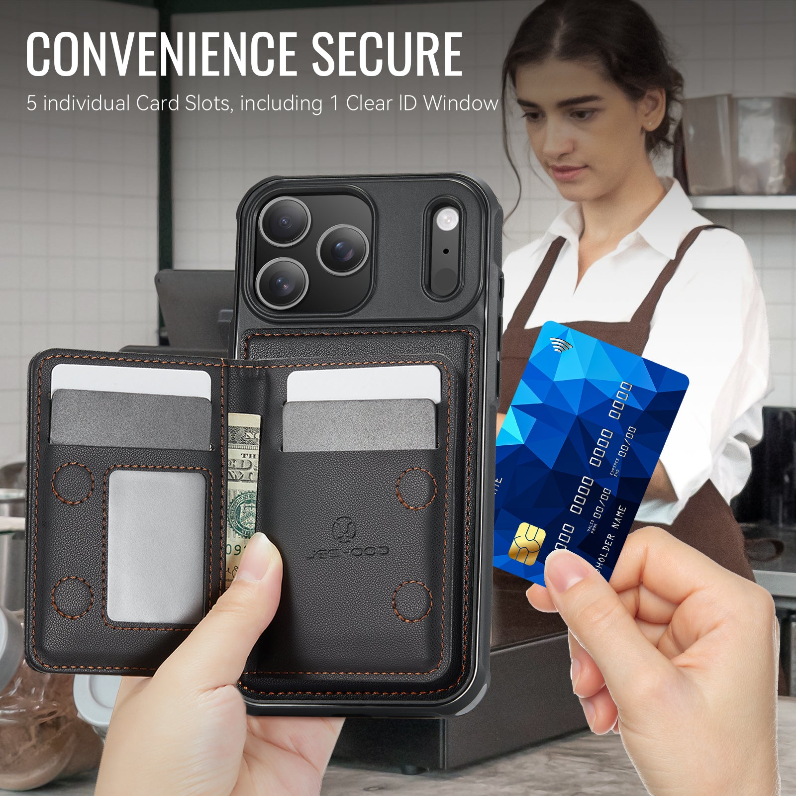 Étui JEEHOOD J12 pour iPhone 17 Pro, portefeuille magnétique détachable avec fermeture éclair et support intégré, dos en cuir compatible MagSafe