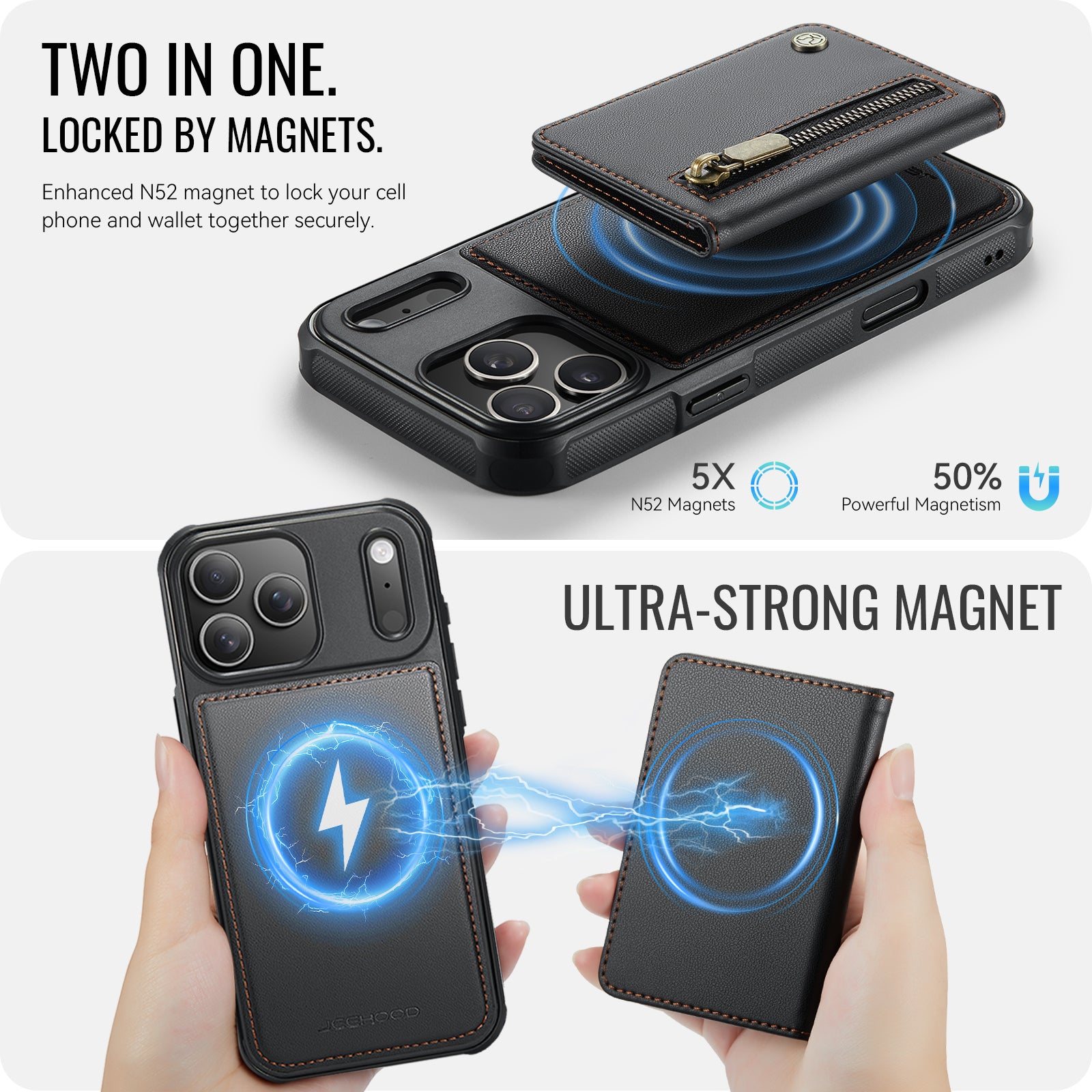 Étui JEEHOOD J12 pour iPhone 17 Pro, portefeuille magnétique détachable avec fermeture éclair et support intégré, dos en cuir compatible MagSafe