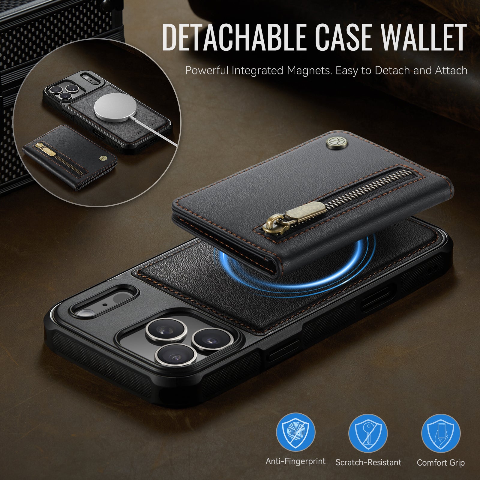 Étui JEEHOOD J12 pour iPhone 17 Pro, portefeuille magnétique détachable avec fermeture éclair et support intégré, dos en cuir compatible MagSafe