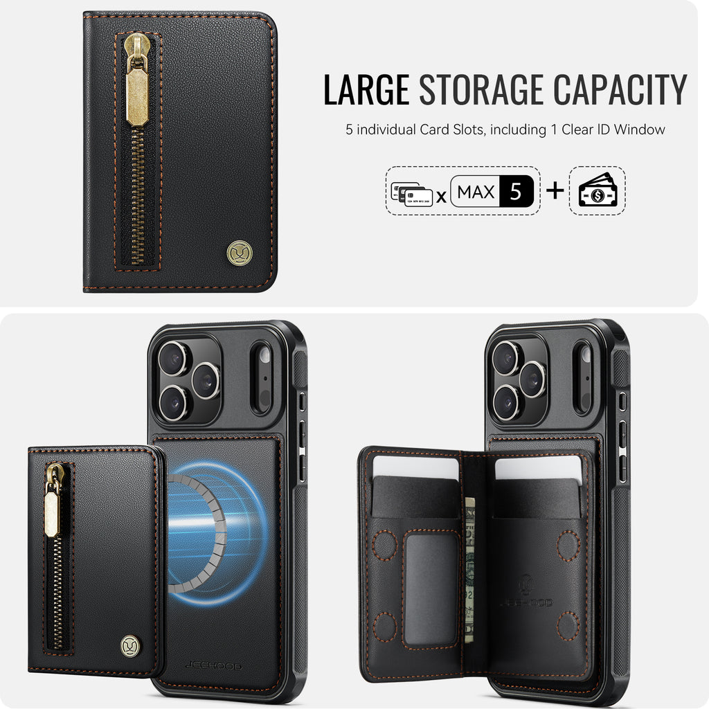 Étui JEEHOOD J12 pour iPhone 17 Pro, portefeuille magnétique détachable avec fermeture éclair et support intégré, dos en cuir compatible MagSafe