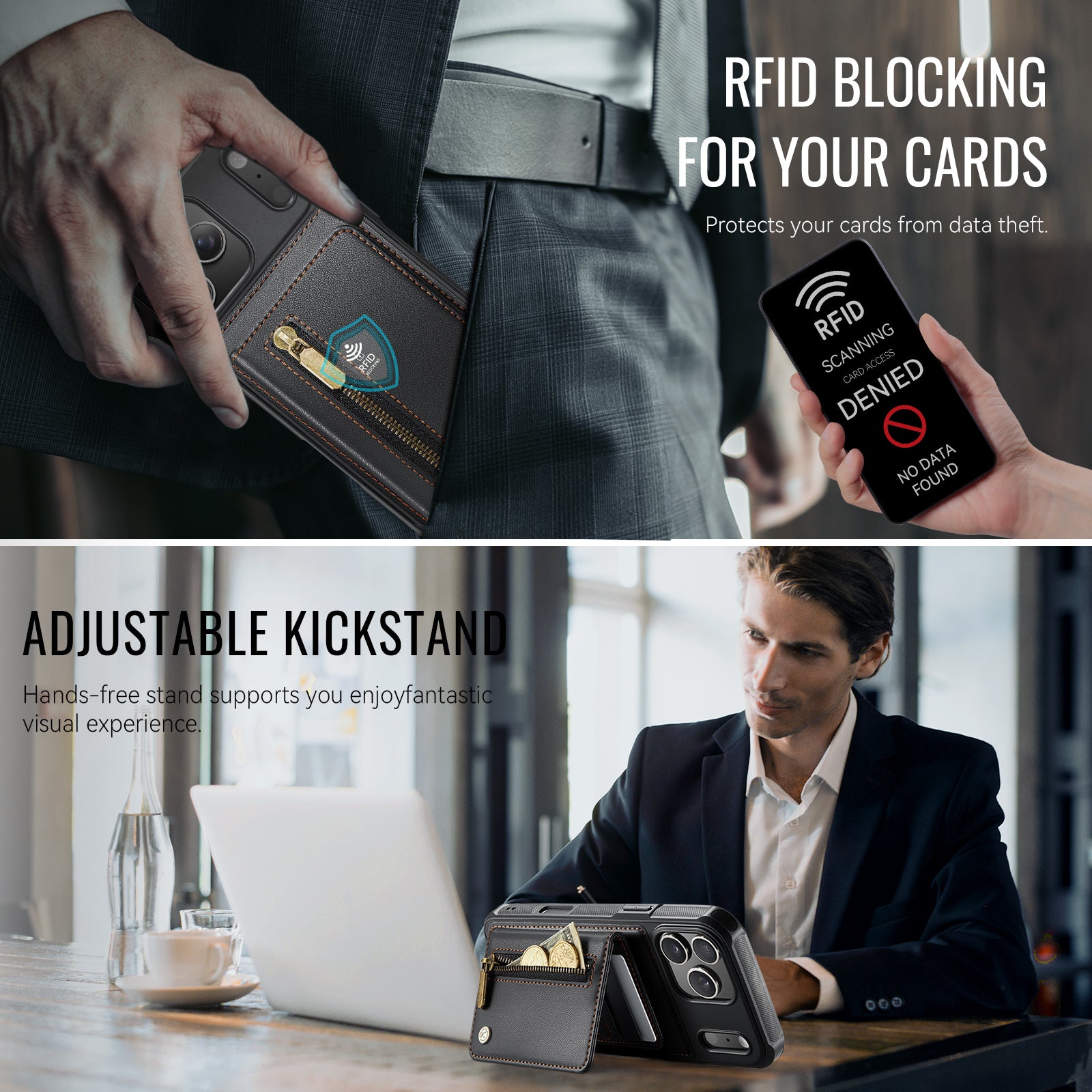 Étui JEEHOOD J12 pour iPhone 17 Pro, portefeuille magnétique détachable avec fermeture éclair et support intégré, dos en cuir compatible MagSafe