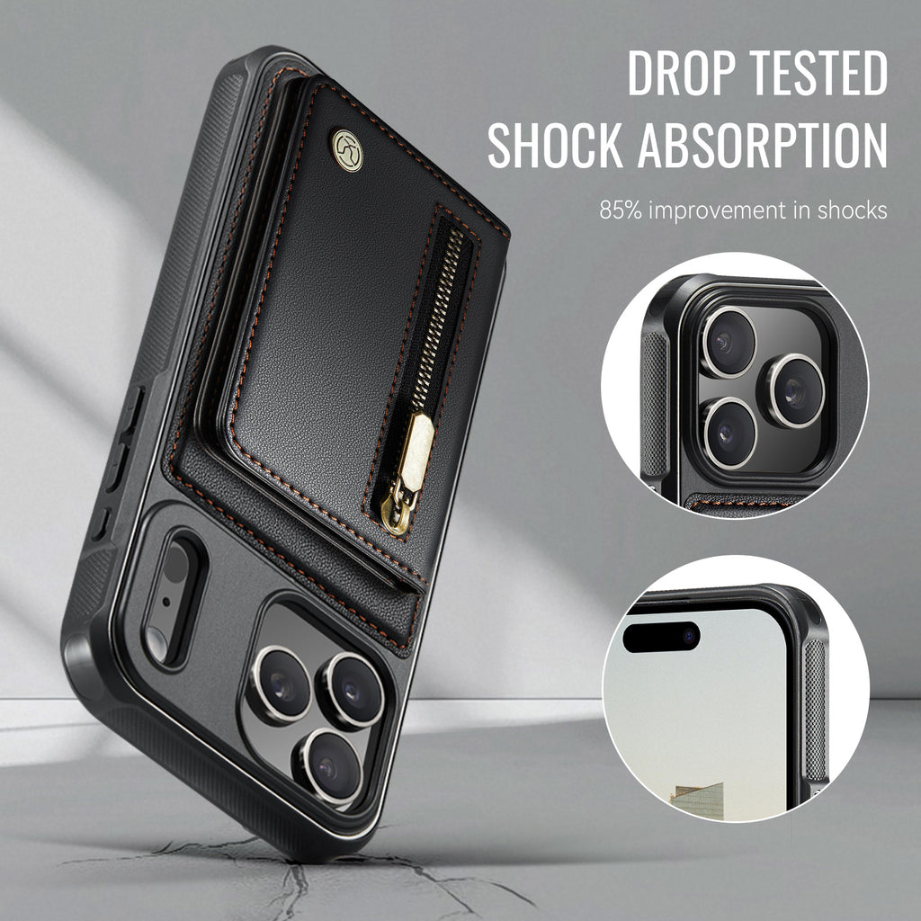 Étui JEEHOOD J12 pour iPhone 17 Pro, portefeuille magnétique détachable avec fermeture éclair et support intégré, dos en cuir compatible MagSafe