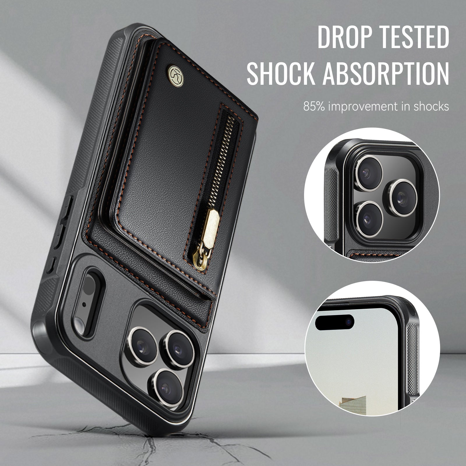 Étui JEEHOOD J12 pour iPhone 17 Pro, portefeuille magnétique détachable avec fermeture éclair et support intégré, dos en cuir compatible MagSafe