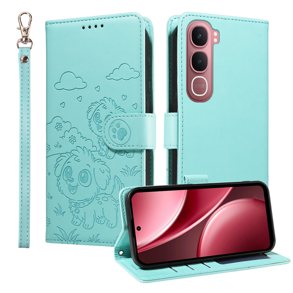 For vivo Y21d / vivo Y31 5G Case RFID Blocking Imprinted Dog Pattern PU Leather Phone Cover with Wrist Strap
