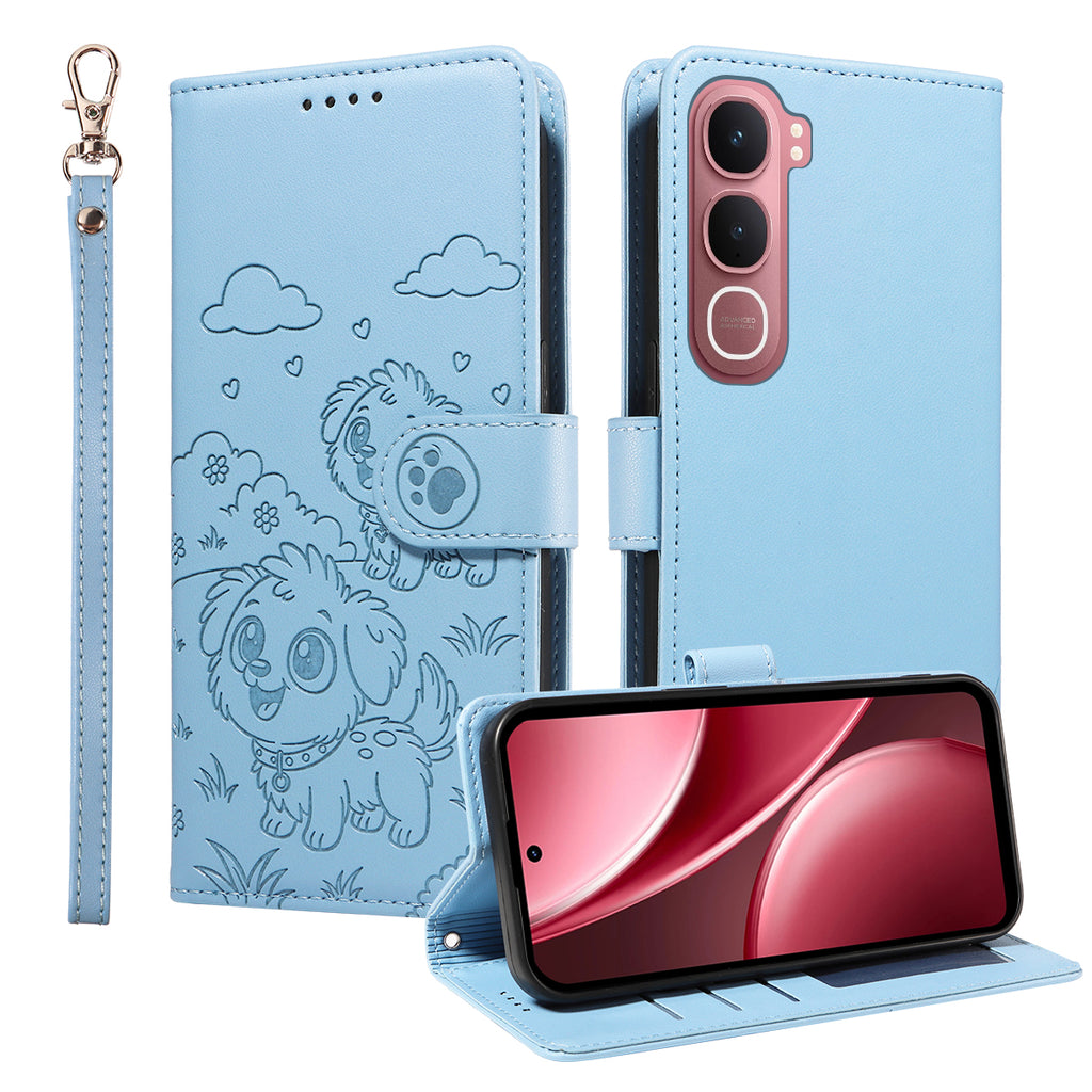 Funda para vivo Y21d / vivo Y31 5G con bloqueo RFID, diseño de perro impreso, de piel sintética, con correa de muñeca 