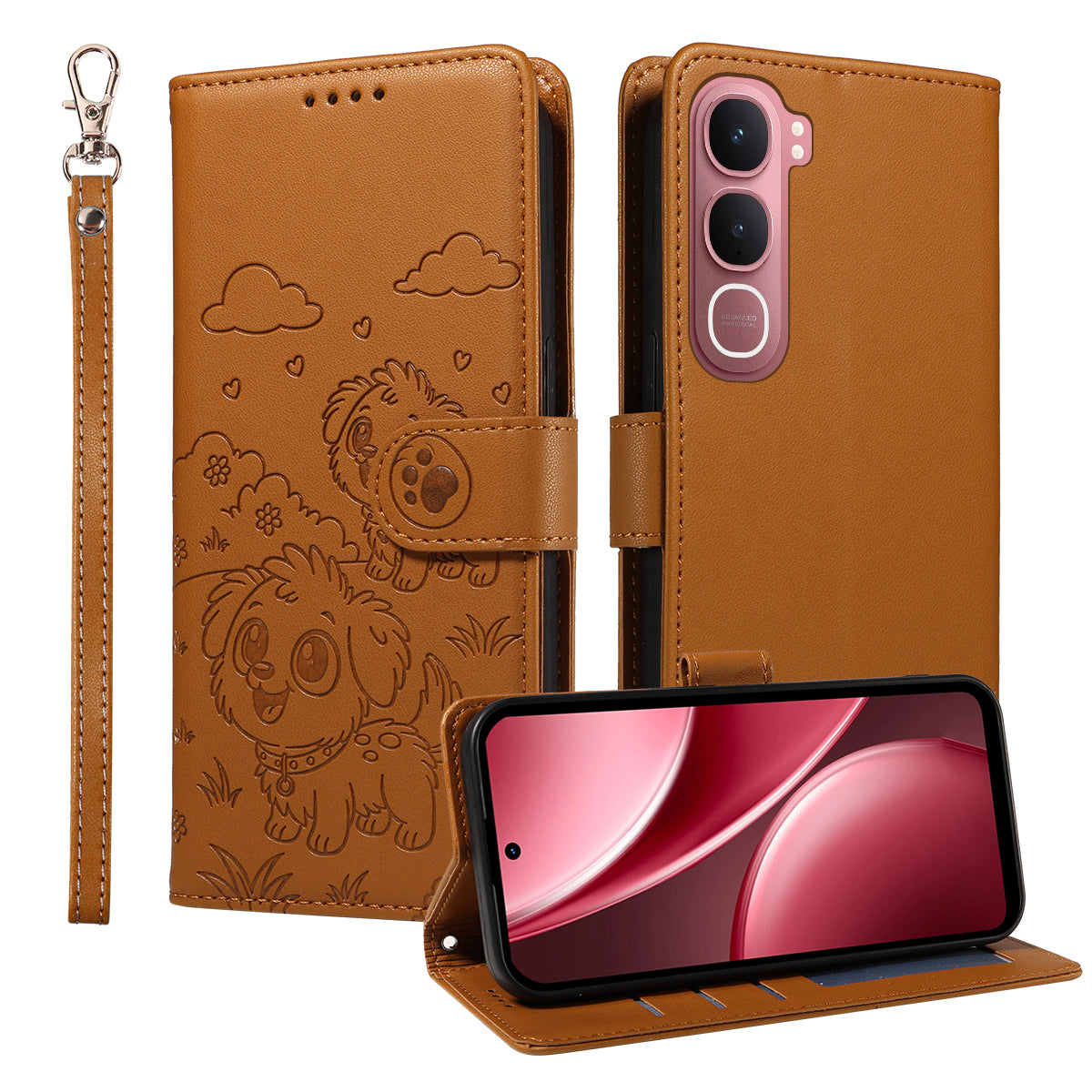 For vivo Y21d / vivo Y31 5G Case RFID Blocking Imprinted Dog Pattern PU Leather Phone Cover with Wrist Strap