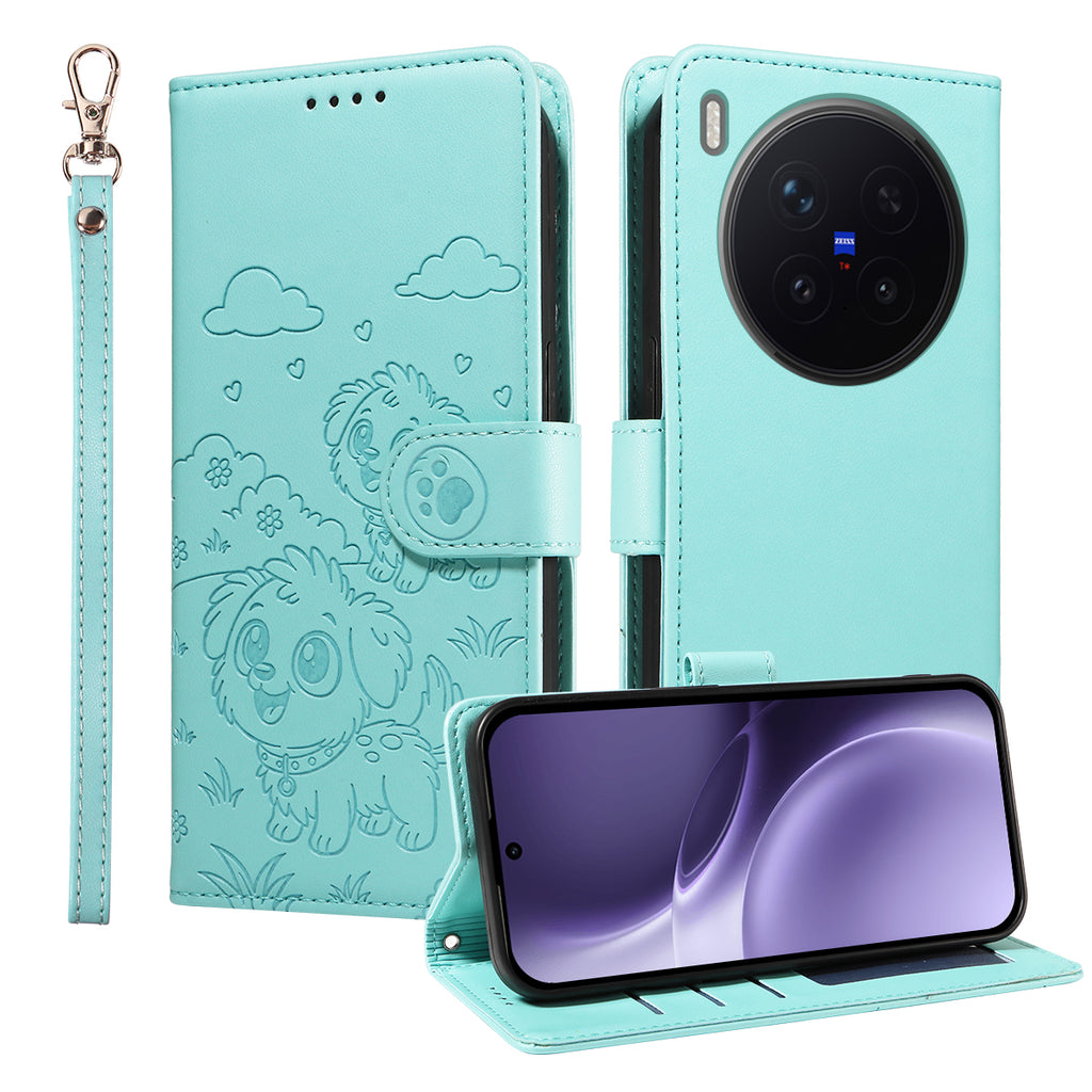 For vivo X300 Pro 5G Case RFID Blocking Imprinted Dog Pattern PU Leather Phone Cover with Wrist Strap