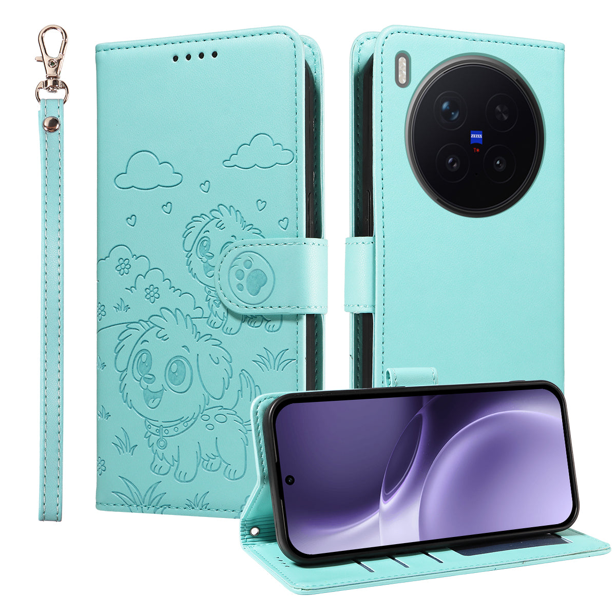 For vivo X300 Pro 5G Case RFID Blocking Imprinted Dog Pattern PU Leather Phone Cover with Wrist Strap