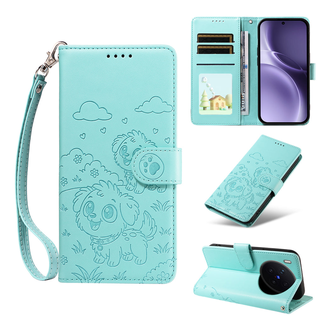 For vivo X300 Pro 5G Case RFID Blocking Imprinted Dog Pattern PU Leather Phone Cover with Wrist Strap