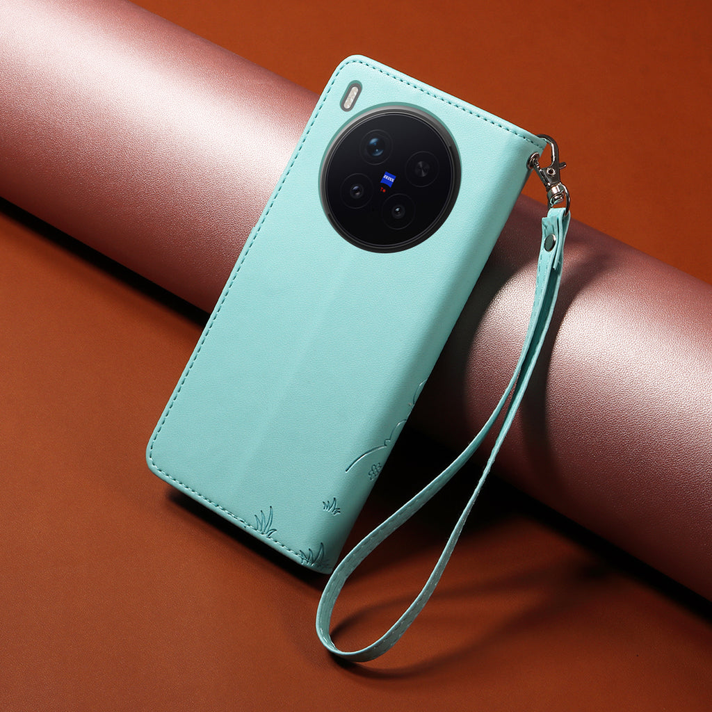 For vivo X300 Pro 5G Case RFID Blocking Imprinted Dog Pattern PU Leather Phone Cover with Wrist Strap