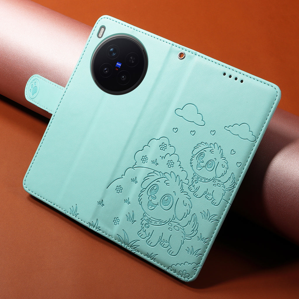 For vivo X300 Pro 5G Case RFID Blocking Imprinted Dog Pattern PU Leather Phone Cover with Wrist Strap