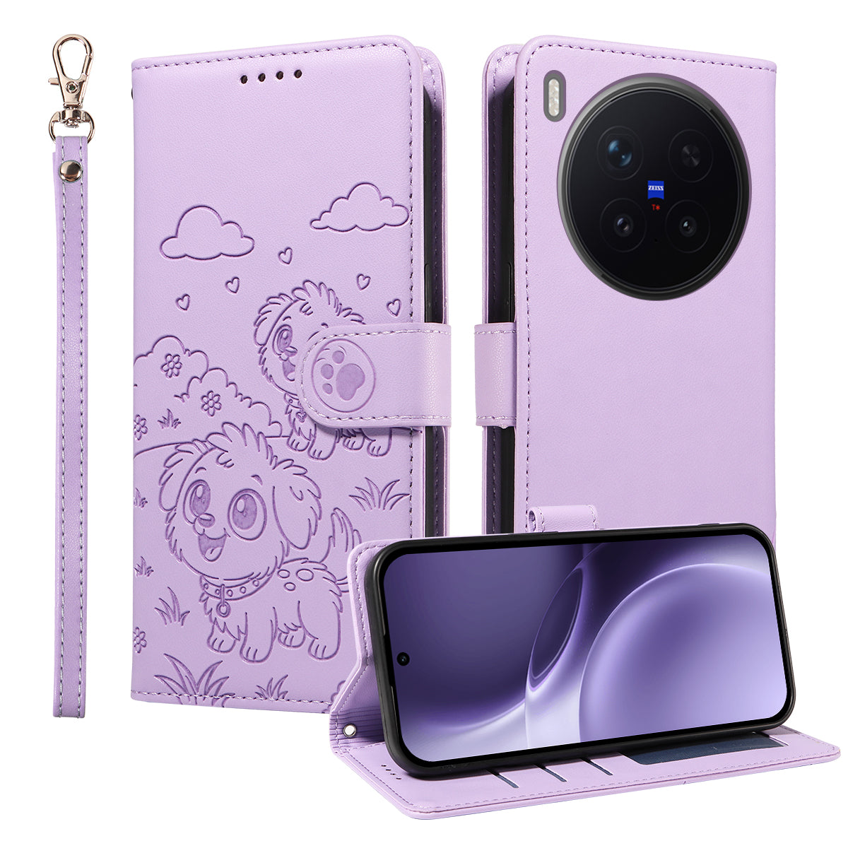 For vivo X300 Pro 5G Case RFID Blocking Imprinted Dog Pattern PU Leather Phone Cover with Wrist Strap