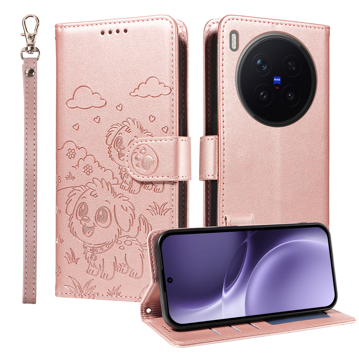 For vivo X300 Pro 5G Case RFID Blocking Imprinted Dog Pattern PU Leather Phone Cover with Wrist Strap