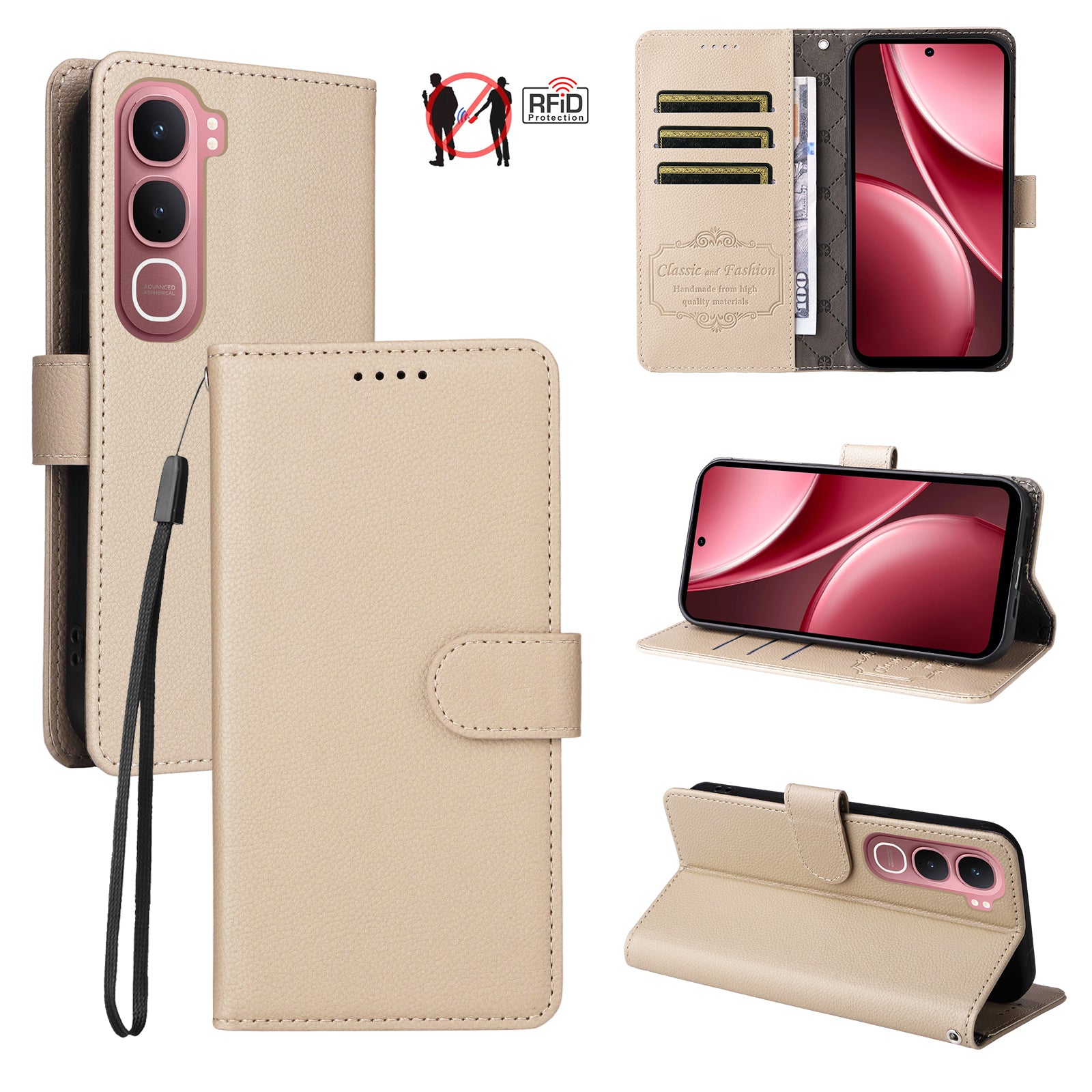 For vivo Y21d / vivo Y31 5G Case RFID Blocking 3 Card Slots PU Leather Phone Cover with Wrist Strap