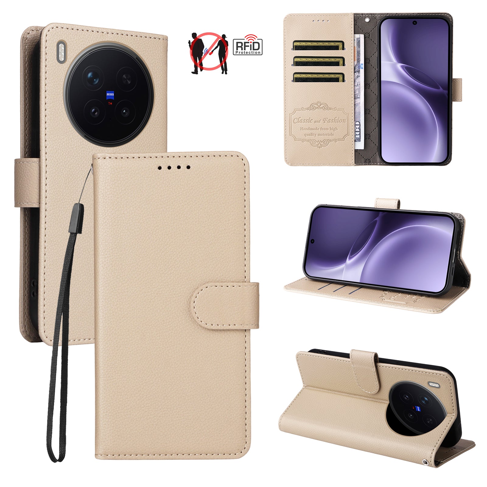 For vivo X300 Pro 5G Case RFID Blocking 3 Card Slots PU Leather Phone Cover with Wrist Strap