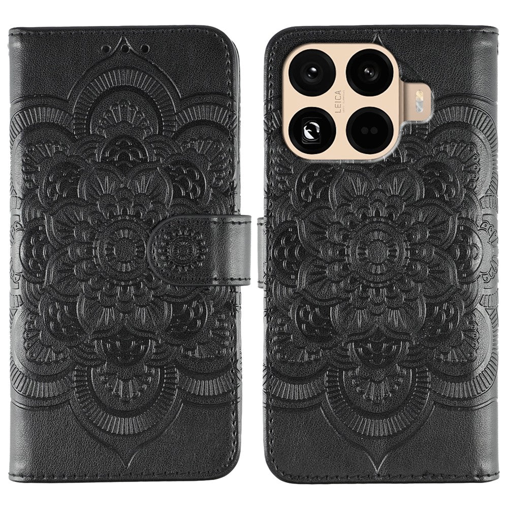 For Xiaomi 15T Pro Case PU Leather Mandala Imprinted Design Wallet Phone Cover with Wrist Strap