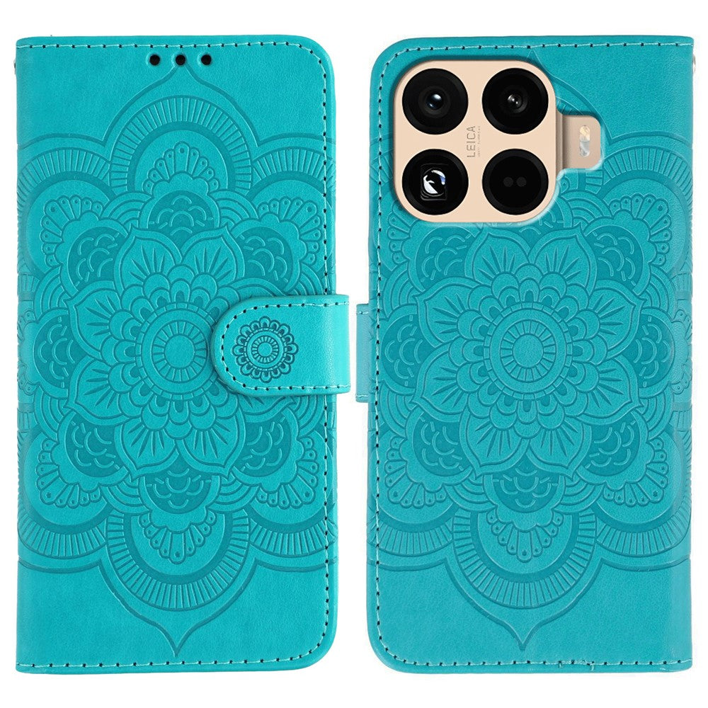 For Xiaomi 15T Pro Case PU Leather Mandala Imprinted Design Wallet Phone Cover with Wrist Strap