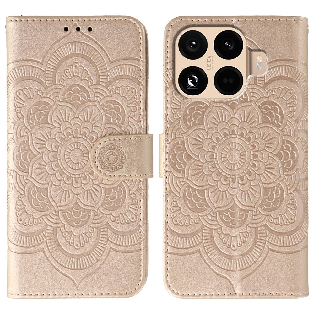 For Xiaomi 15T Pro Case PU Leather Mandala Imprinted Design Wallet Phone Cover with Wrist Strap