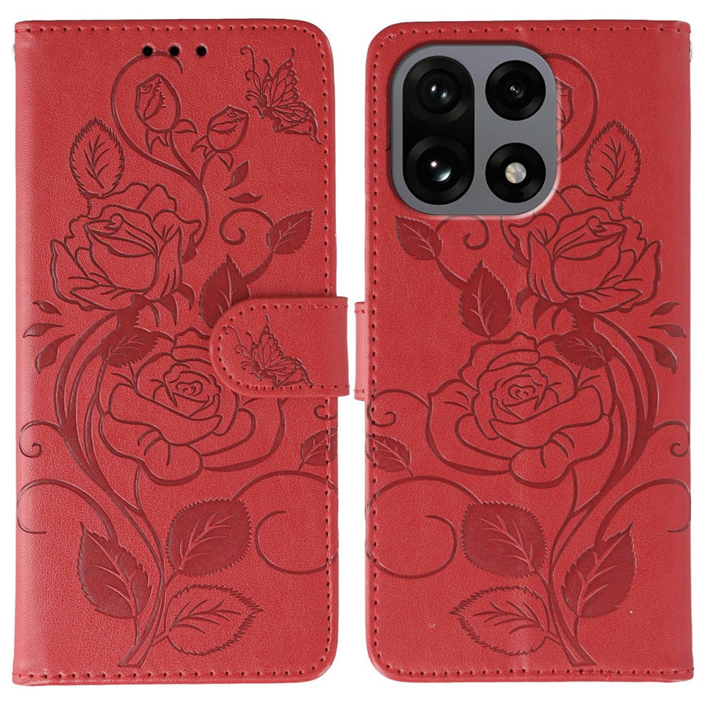 For OnePlus 15 5G Case Wallet Stand Imprinted Rose Butterfly PU Leather Phone Cover