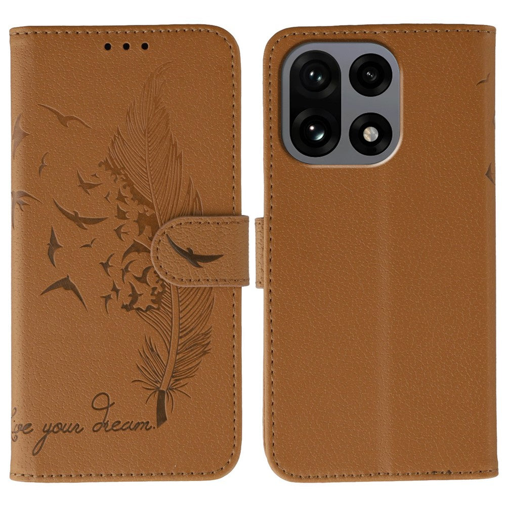 For OnePlus 15 5G Case Feather Imprint PU Leather Wallet Phone Cover