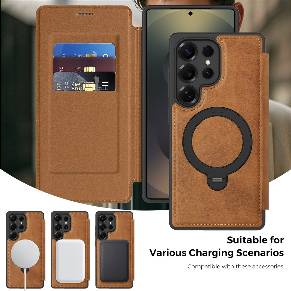 For Samsung Galaxy S25 Ultra Case Compatible with MagSafe RFID Blocking Leather Wallet Cover with Rotating Ring Kickstand