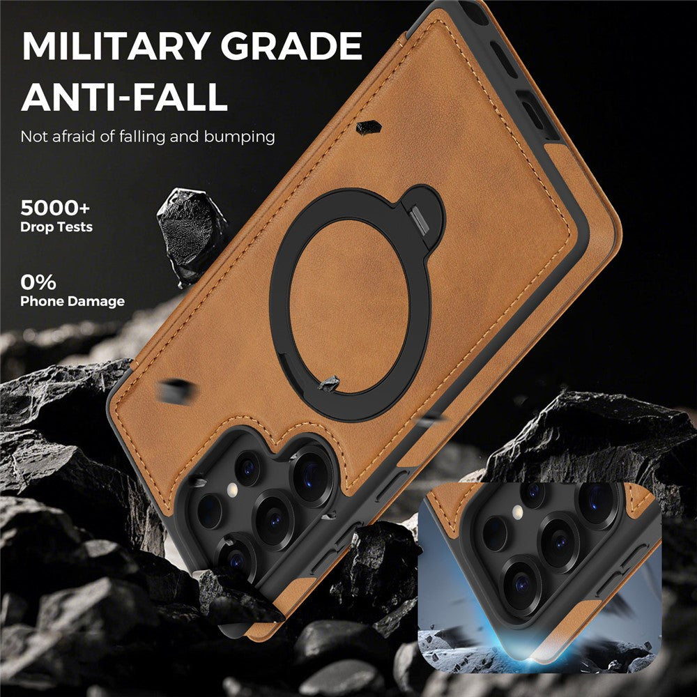 For Samsung Galaxy S25 Ultra Case Compatible with MagSafe RFID Blocking Leather Wallet Cover with Rotating Ring Kickstand