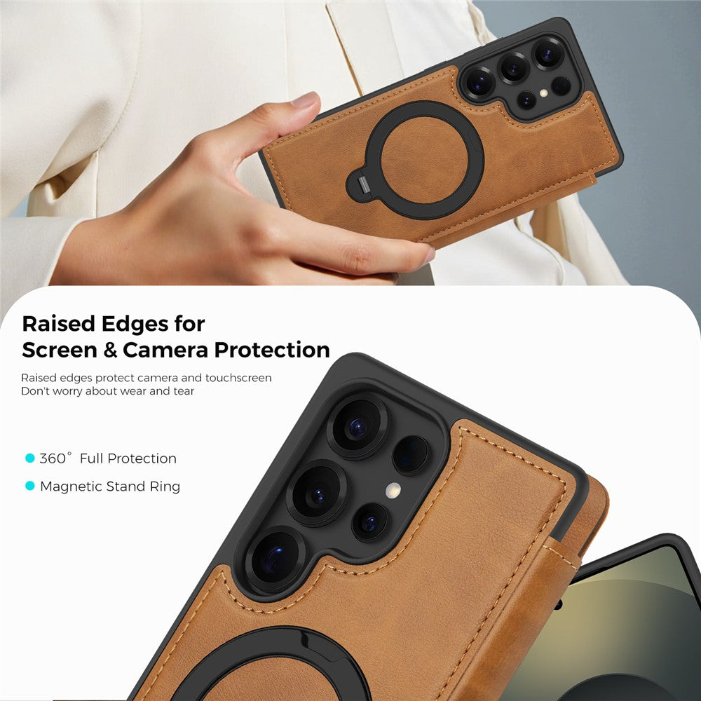 For Samsung Galaxy S25 Ultra Case Compatible with MagSafe RFID Blocking Leather Wallet Cover with Rotating Ring Kickstand