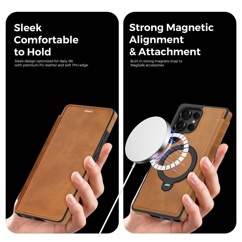 For Samsung Galaxy S25 Ultra Case Compatible with MagSafe RFID Blocking Leather Wallet Cover with Rotating Ring Kickstand