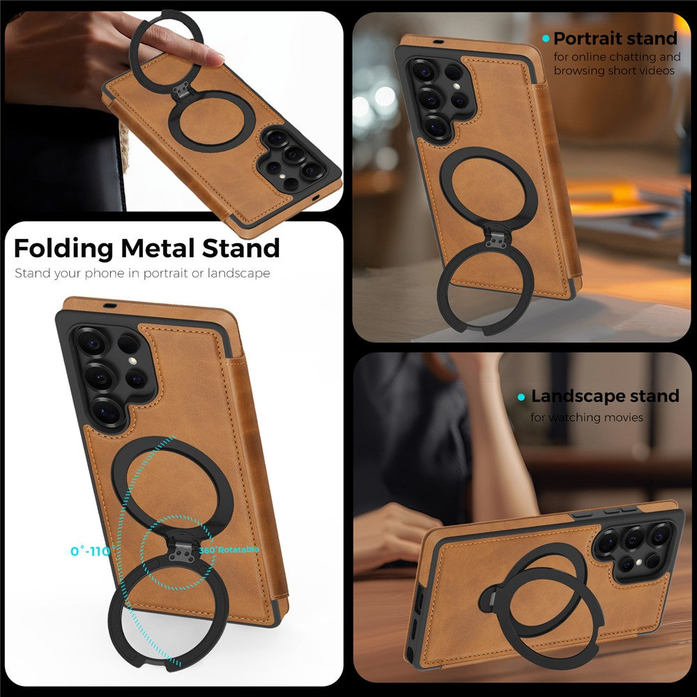 For Samsung Galaxy S25 Ultra Case Compatible with MagSafe RFID Blocking Leather Wallet Cover with Rotating Ring Kickstand