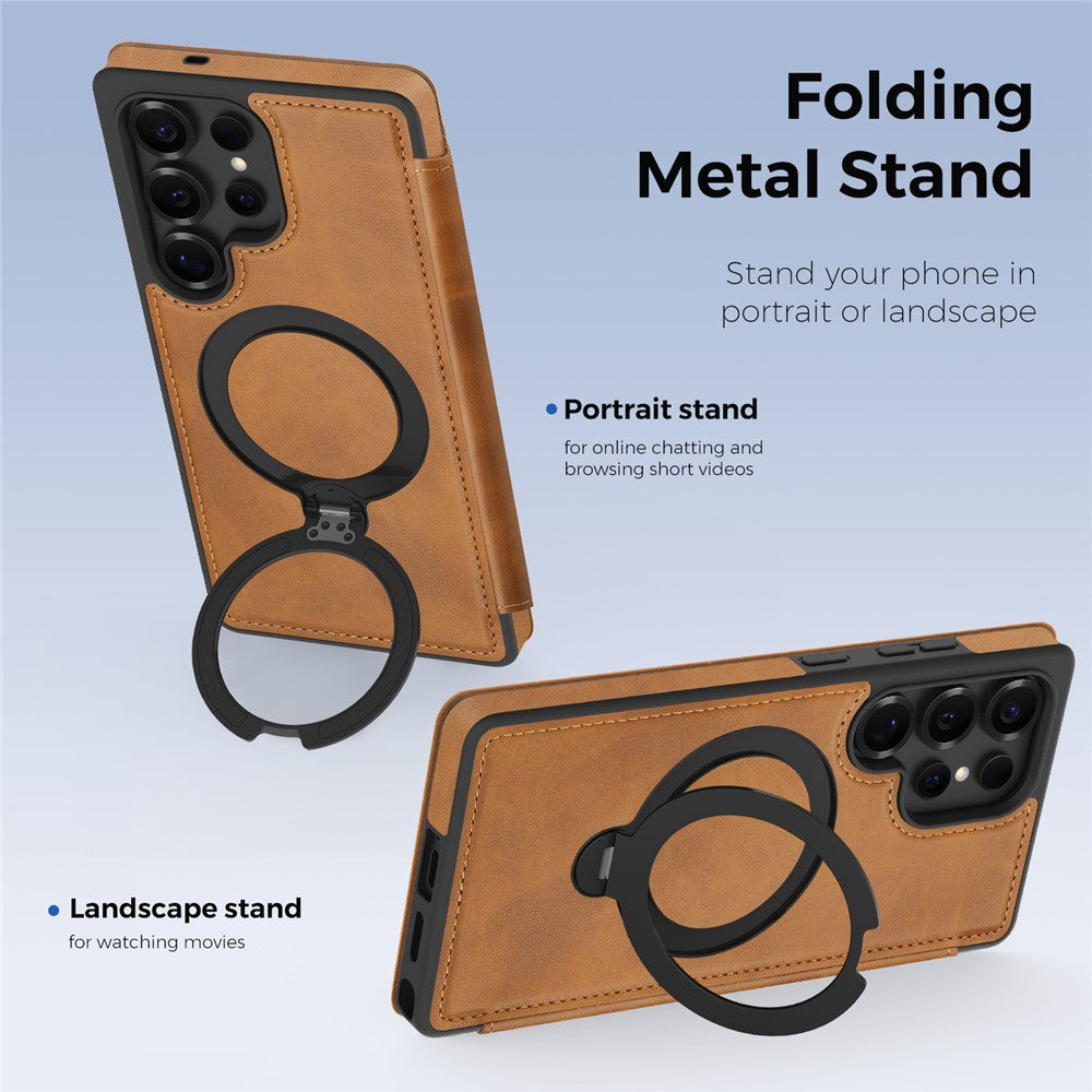 For Samsung Galaxy S25 Ultra Case Compatible with MagSafe RFID Blocking Leather Wallet Cover with Rotating Ring Kickstand