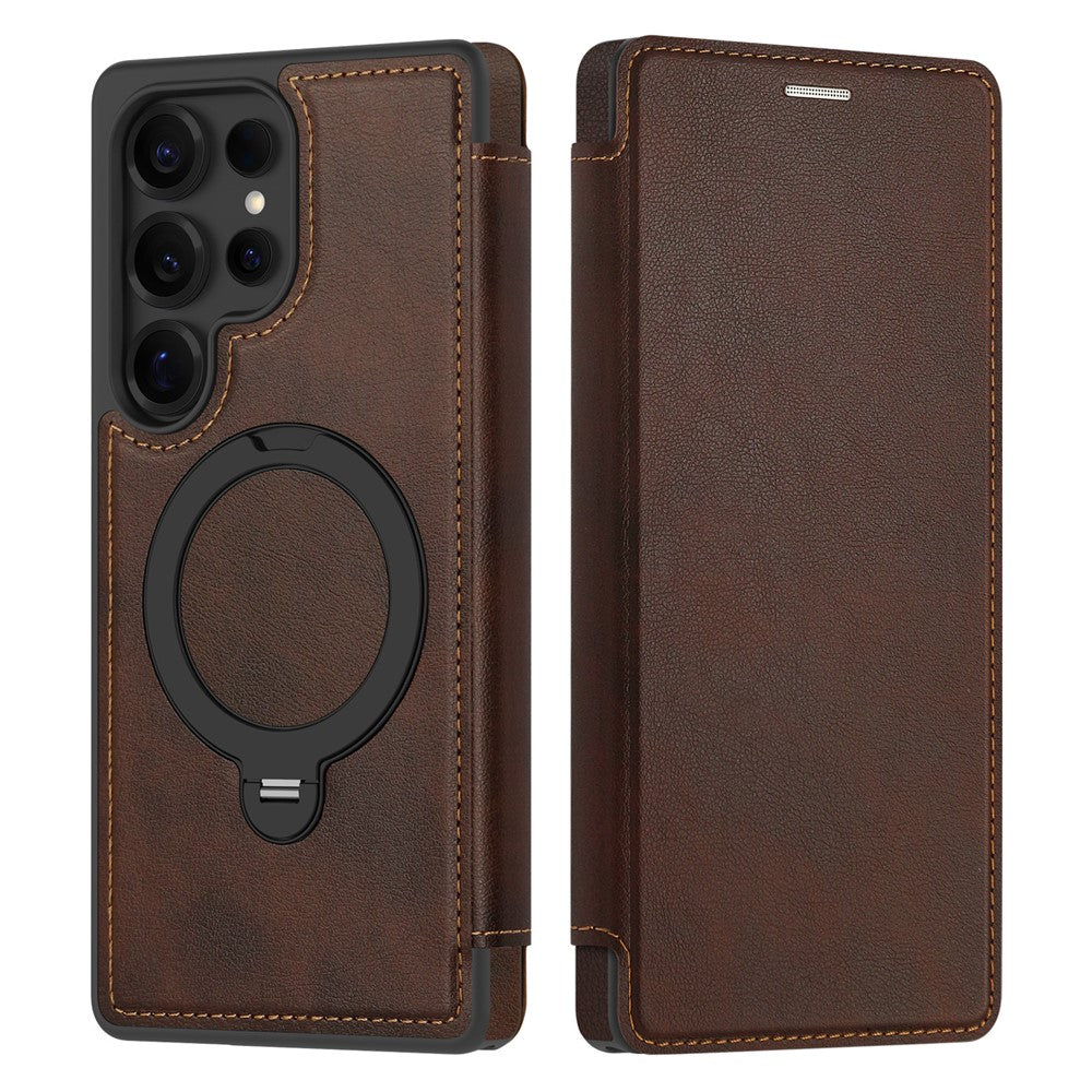 For Samsung Galaxy S25 Ultra Case Compatible with MagSafe RFID Blocking Leather Wallet Cover with Rotating Ring Kickstand